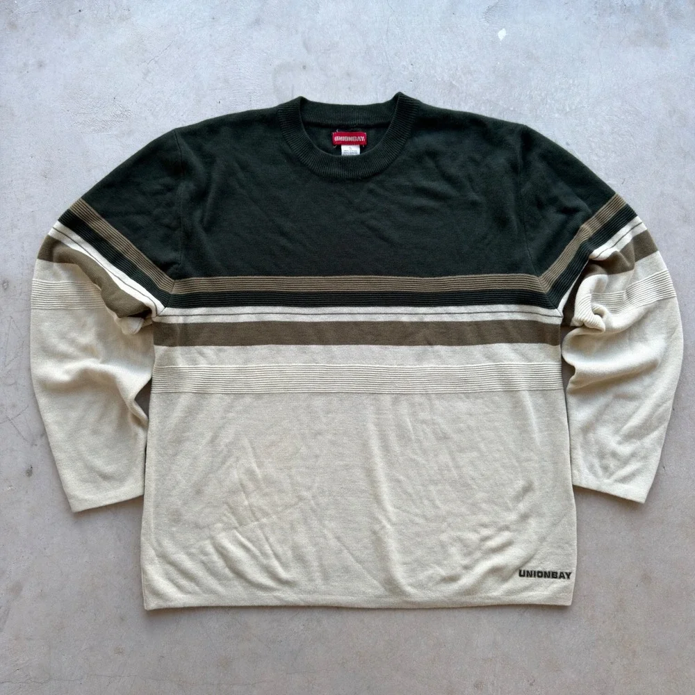 Vintage Unionbay Mens XL Crewneck Sweater Green Tan Cream Striped Acrylic Knit